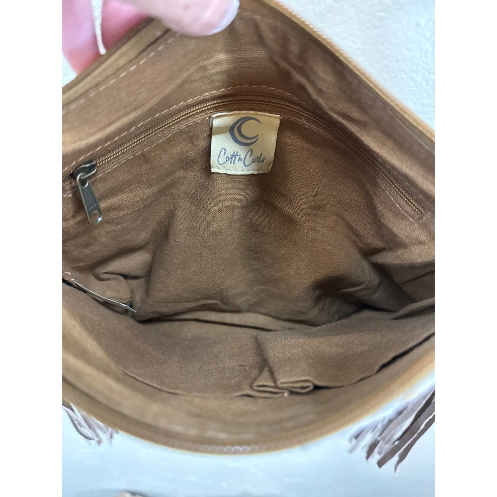 Cotton Curls Cowhide Leather Fringe Crossbody Bag Brown White Western Boho - Picture 7 of 10